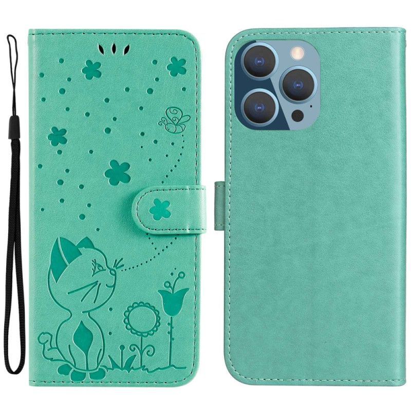 Kožené Pouzdro Na iPhone 14 Pro Max Na Lana Strappy Kočka A Včely