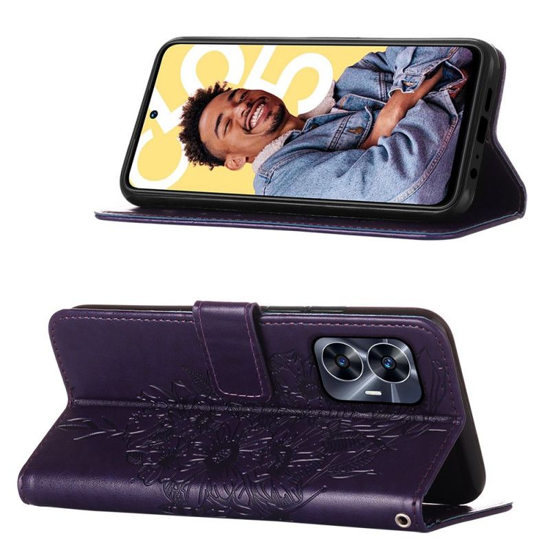 Kožený Kryt Na Realme C55 Peněženka S Květinovým Vzorem A Motýlím Vzorem