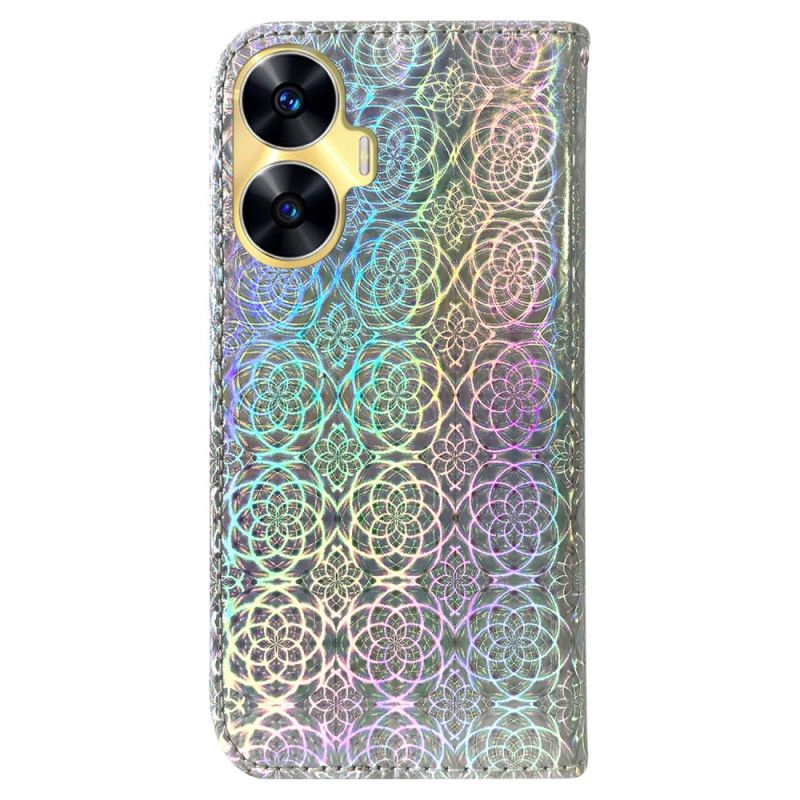 Kožený Kryt Realme C55 Peněženka S Páskem V Disko Stylu