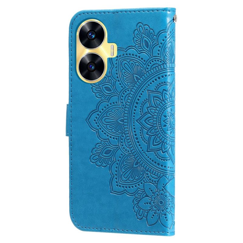 Kožený Kryt Realme C55 Řemínek S Květinovým Vzorem