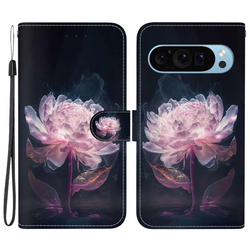 Kožený Kryt Google Pixel 9 Pro Fialová Pivoňka S Řemínkem