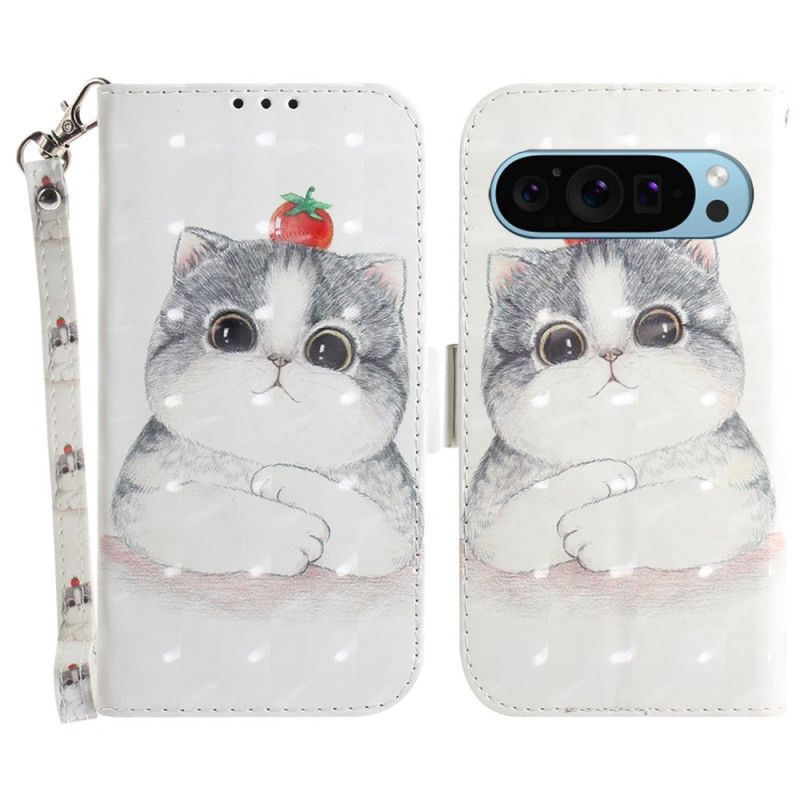 Kožený Kryt Google Pixel 9 Pro Roztomilá Kočka S Popruhem