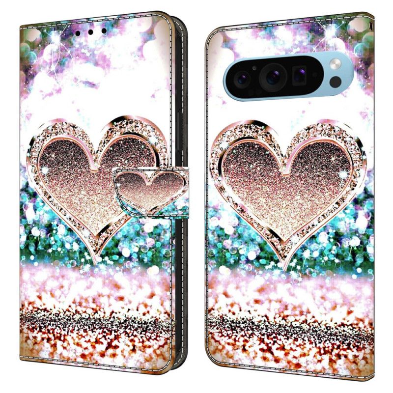 Kožený Kryt Google Pixel 9 Pro Růžové Diamantové Srdce