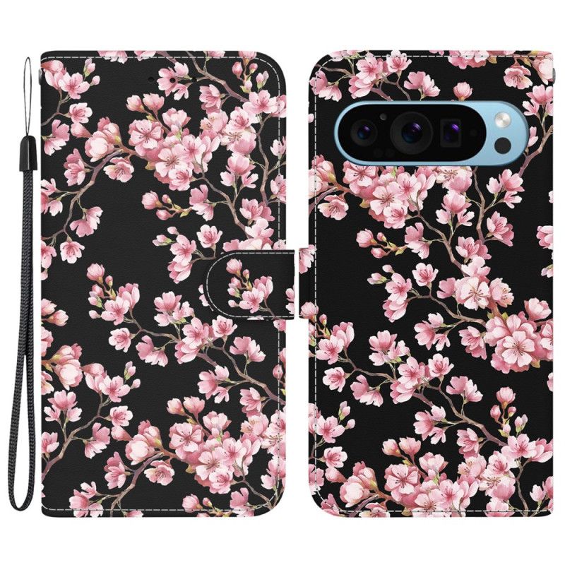 Kožený Kryt Google Pixel 9 Pro Švestkové Květy S Popruhem