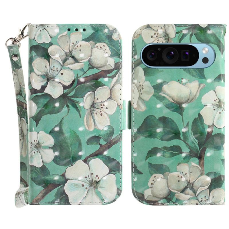 Kožený Kryt Na Google Pixel 9 Pro Akvarelové Květiny S Popruhem