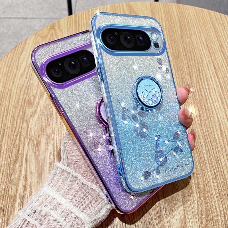 Kryt Na Google Pixel 9 Pro Květinový A Kamínkový Podpůrný Prsten Kadem