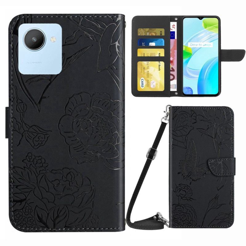 Flipové Pouzdro Na Realme C30 Popruh Motýlí Květiny
