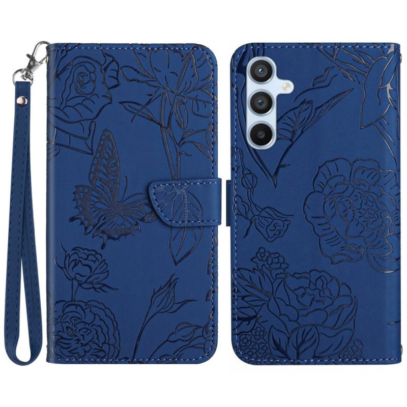 Kožený Kryt Na Samsung Galaxy M55 5g Tisk Motýlů S Popruhem