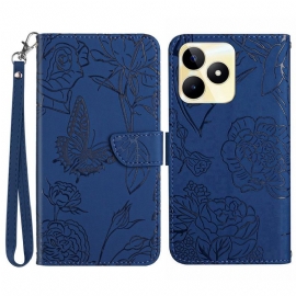 Kožený Kryt Na Realme C53 Popruh S Motýlím Potiskem