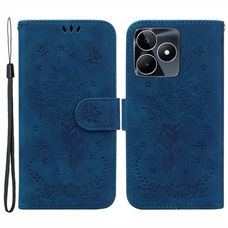 Kožený Kryt Realme C53 Vzor Růže A Motýla