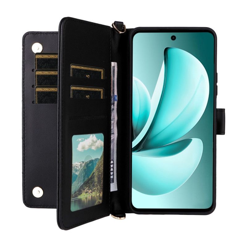 Kožený Kryt Na Realme C71 Prošívané S Ramenním Popruhem A Popruhem Na Zápěstí