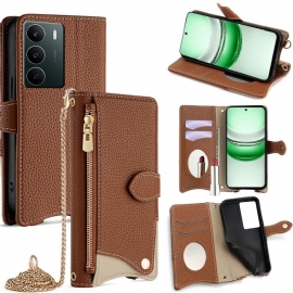 Kožený Kryt Realme C71 Dvoubarevná Peněženka Se Zrcátkem A Ramenním Popruhem