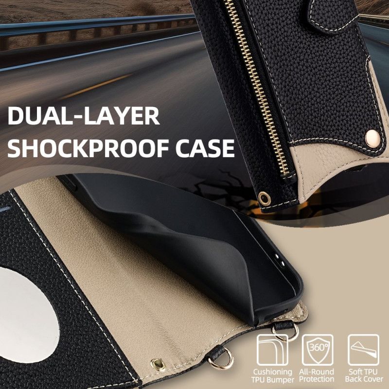 Kožený Kryt Realme C71 Dvoubarevná Peněženka Se Zrcátkem A Ramenním Popruhem