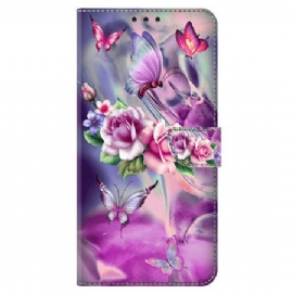 Kožený Kryt Oppo A98 5g Motýli A Fialové Květy
