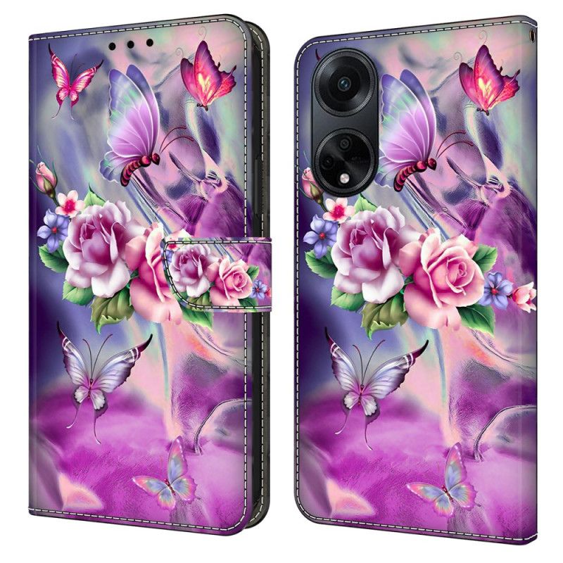 Kožený Kryt Oppo A98 5g Motýli A Fialové Květy