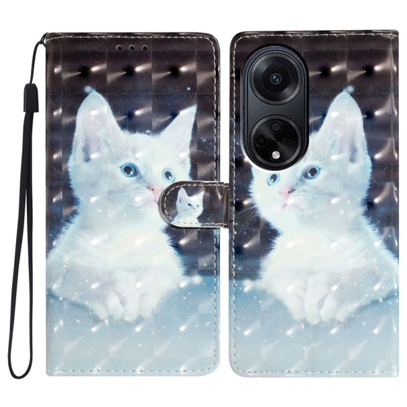 Peněženková Pouzdra Oppo A98 5g Kryty Na Mobil 3d Bílá Kočka S Popruhem
