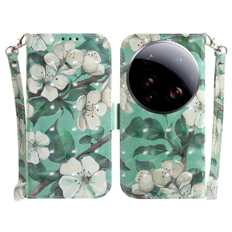Kožený Kryt Xiaomi 15 Ultra Bílé Květiny Se Šňůrkou