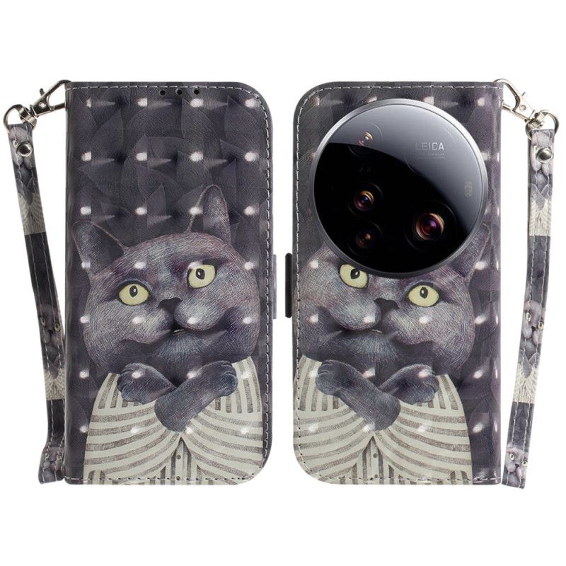 Kožený Kryt Xiaomi 15 Ultra Šedá Kočka Se Šňůrkou