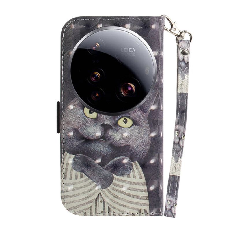 Kožený Kryt Xiaomi 15 Ultra Šedá Kočka Se Šňůrkou