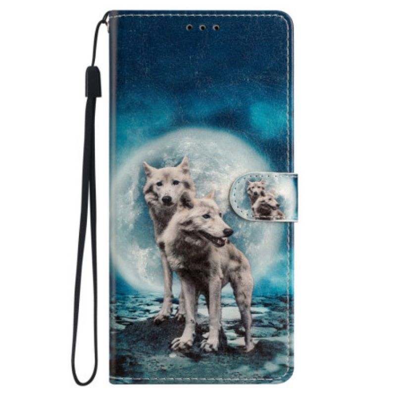 Flipové Pouzdro Na iPhone 15 Na Lana Vlci Pod Měsíčním Lanem