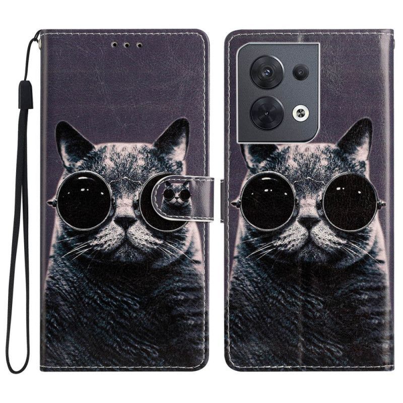 Flipové Pouzdro Na Oppo Reno 8 Na Lana Brýle Cat Strappy