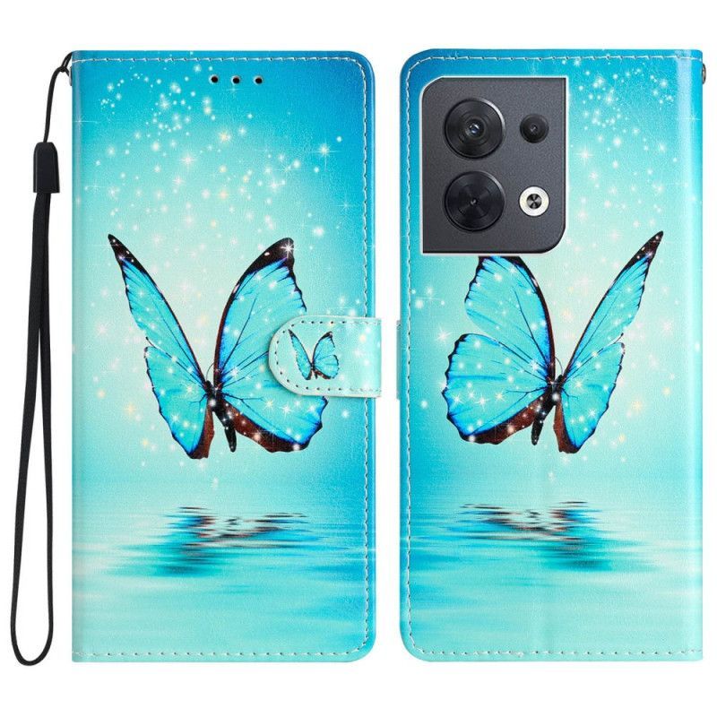 Flipové Pouzdro Na Oppo Reno 8 Na Lana Modrí Motýli S Popruhem