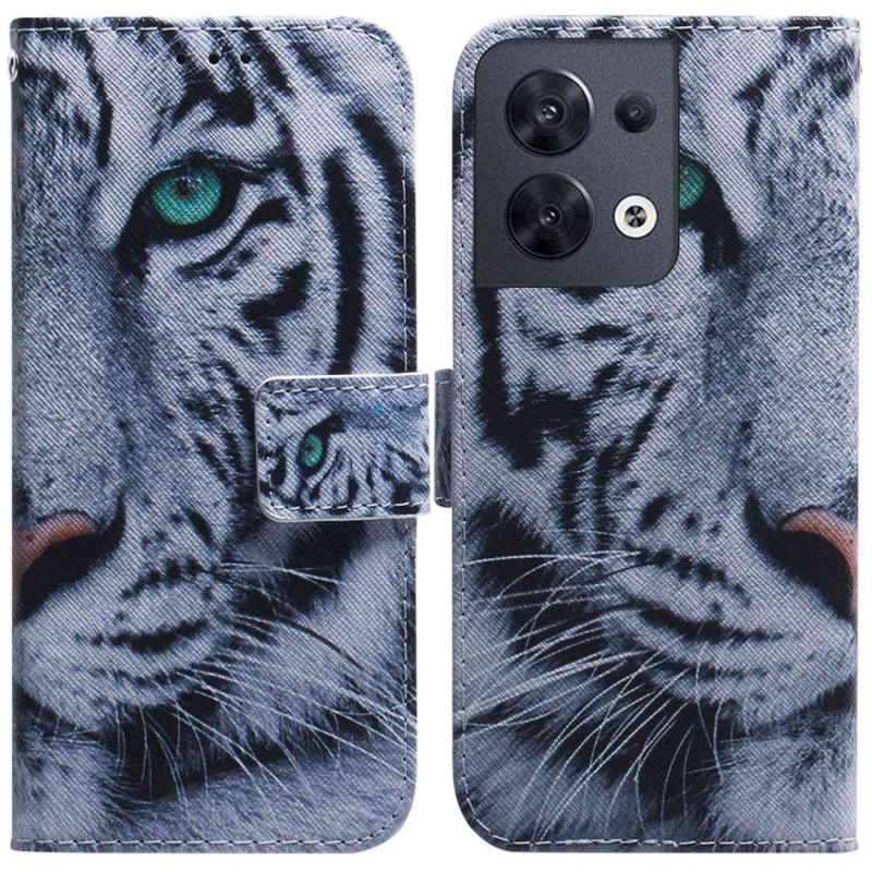 Flipové Pouzdro Na Oppo Reno 8 Na Lana Strappy Bílý Tygr