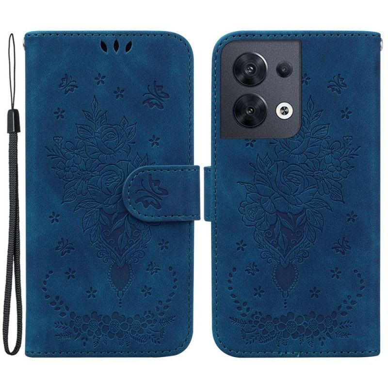 Flipové Pouzdro Na Oppo Reno 8 Na Lana Strappy Růže A Motýli