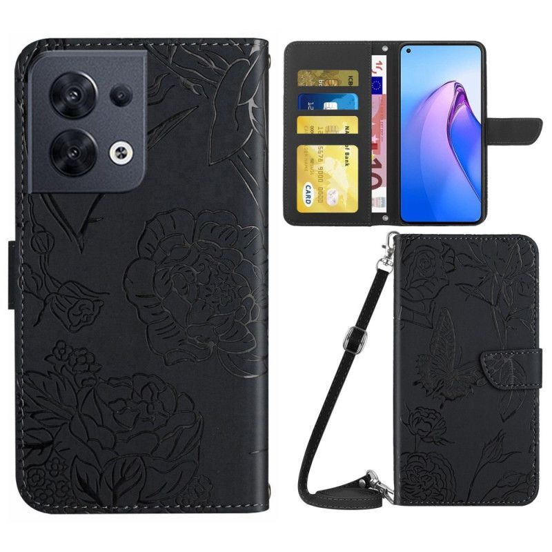 Flipové Pouzdro Na Oppo Reno 8 Motýli A Popruh Přes Rameno