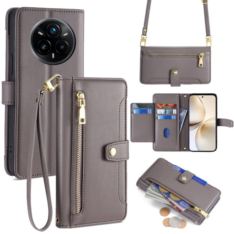 Kožený Kryt Na Realme 14 Pro Plus 5g Peněženka Se Šňůrkou A Ramenním Popruhem