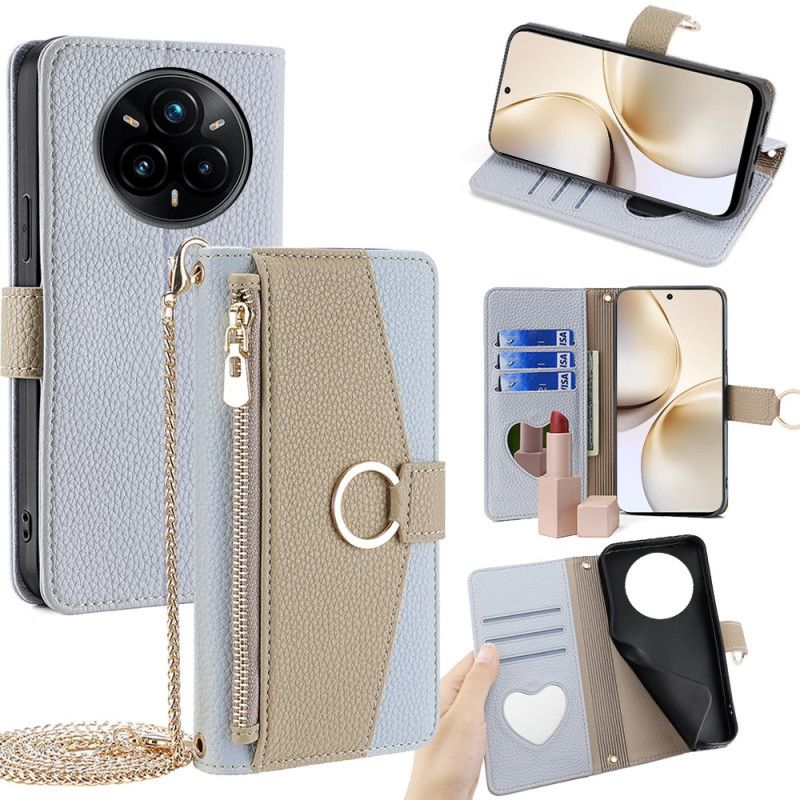 Kožený Kryt Realme 14 Pro Plus 5g Dvoubarevné Se Zrcadlem A Ramenním Popruhem