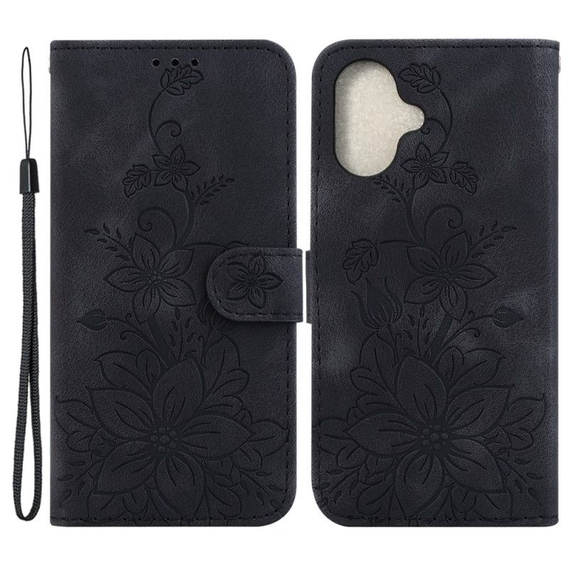 Kožený Kryt iPhone 16 Květinový Vzor S Páskem