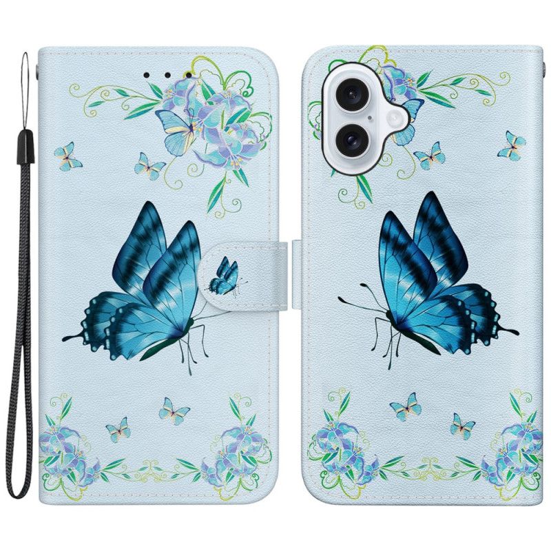 Kožený Kryt iPhone 16 Modrý Motýl A Květiny S Popruhem