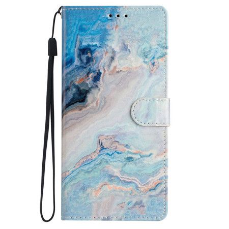 Kožený Kryt iPhone 16 Modrý Mramorový Vzor S Páskem
