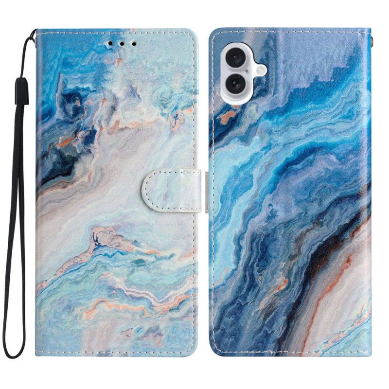 Kožený Kryt iPhone 16 Modrý Mramorový Vzor S Páskem