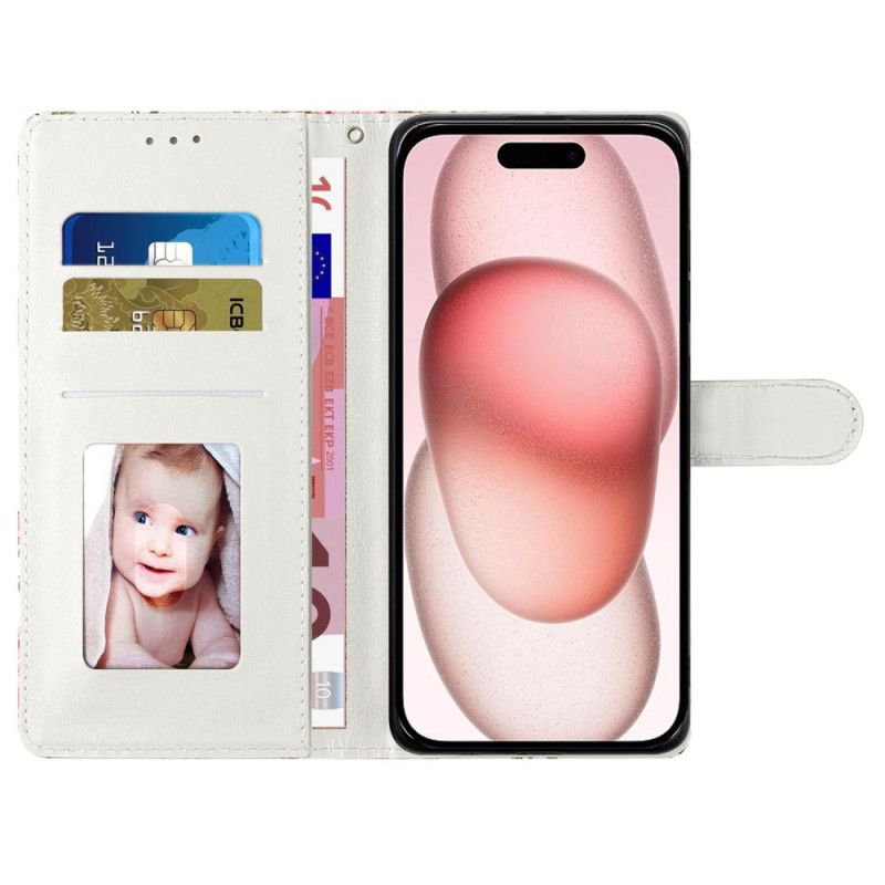 Kožený Kryt iPhone 16 Pásek S Proužky A Srdce