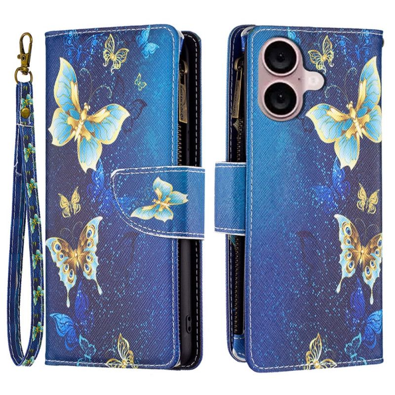 Kožený Kryt iPhone 16 Peněženka Golden Butterflies