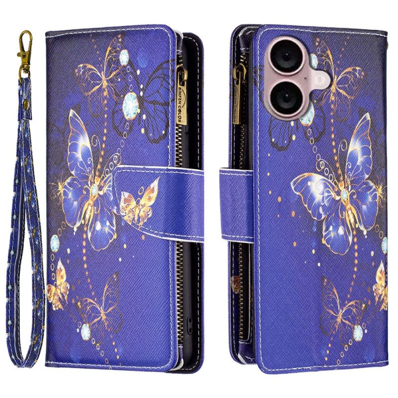 Kožený Kryt iPhone 16 Peněženka Purple Butterflies