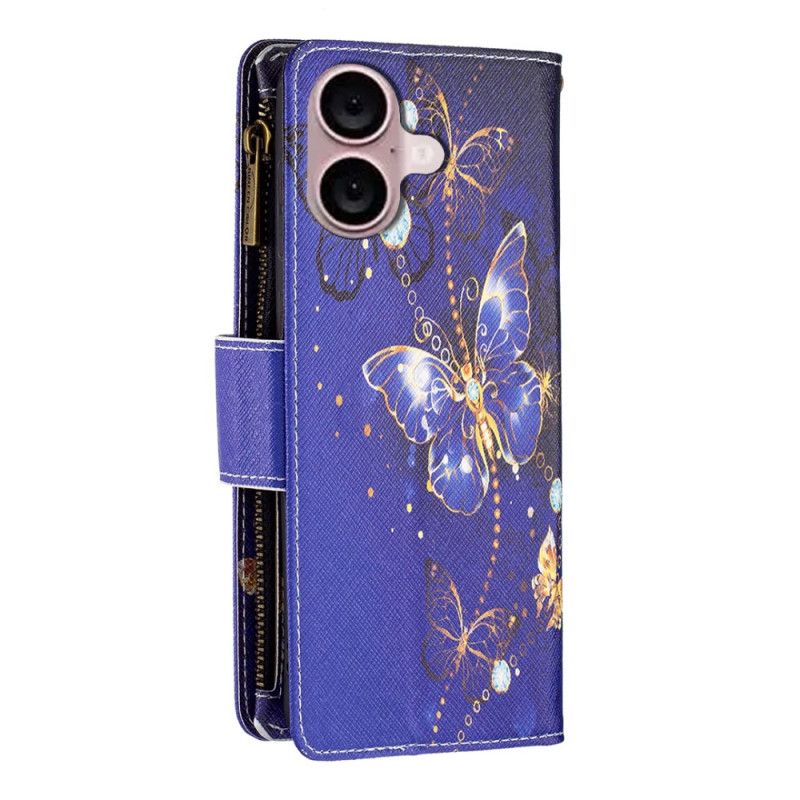 Kožený Kryt iPhone 16 Peněženka Purple Butterflies