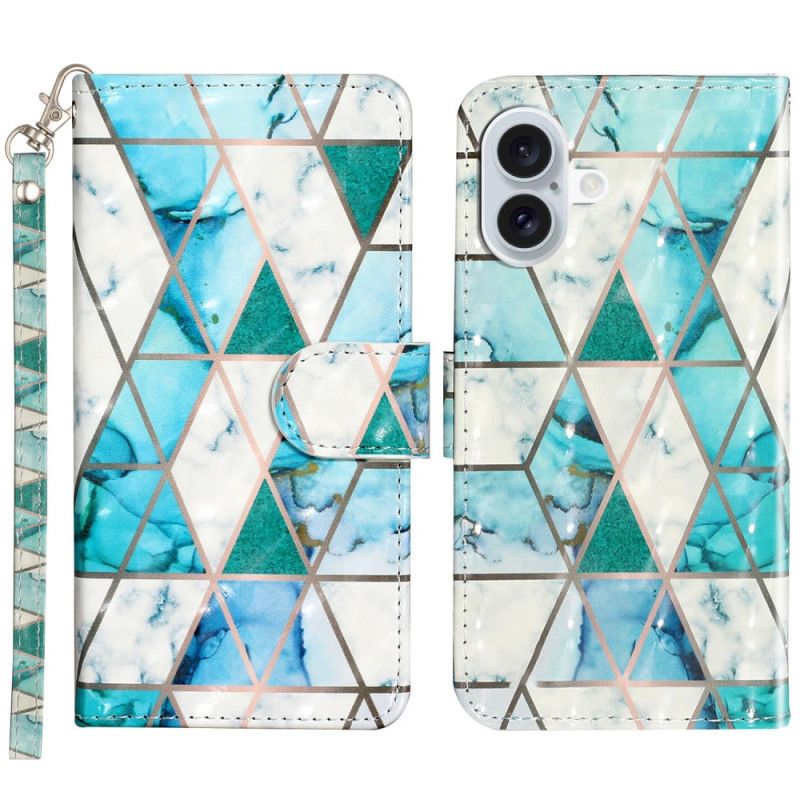 Kožený Kryt iPhone 16 Zelený A Modrý Mramor S Popruhem