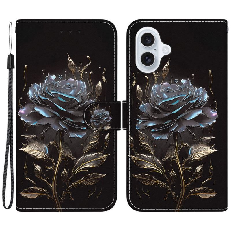 Kožený Kryt iPhone 16 Černá Růže S Popruhem
