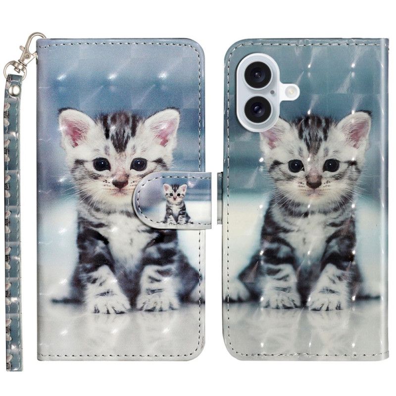 Kožený Kryt Na iPhone 16 Kotě S Popruhem
