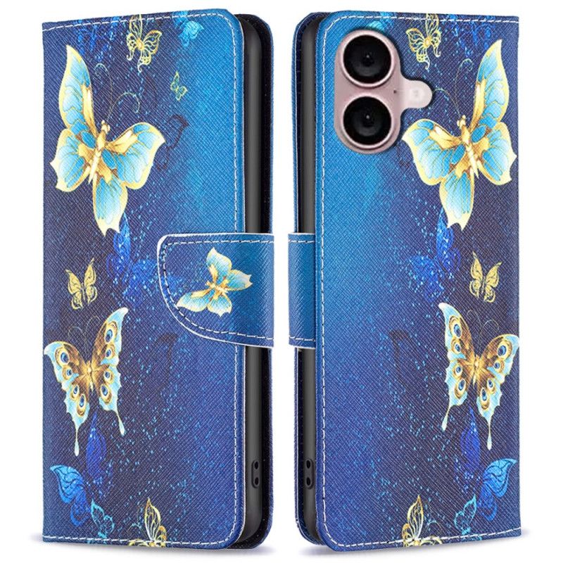 Kožený Kryt Na iPhone 16 Zlatí Motýli