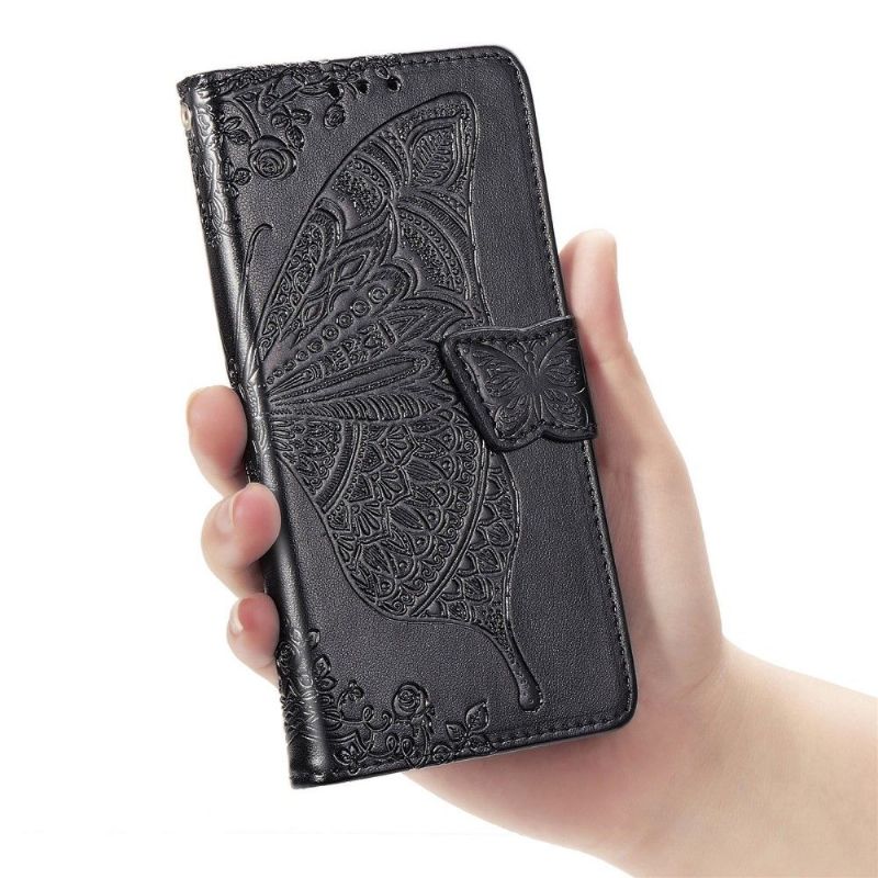 Kožené Pouzdro Folio Na Samsung Galaxy A12 Reliéfní Motýl