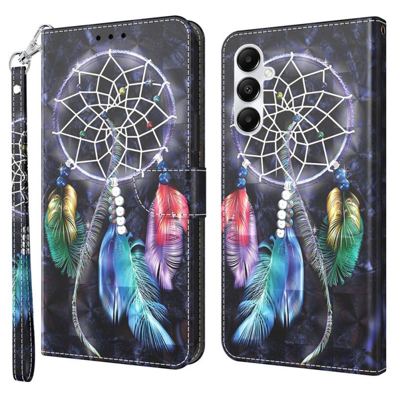Kožený Kryt Na Samsung Galaxy A55 5g Lapač Snů Na Černém Pozadí S Popruhem