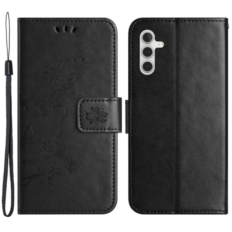 Peněženková Pouzdra Samsung Galaxy A55 5g Design Motýlů A Květin Se Šňůrkou
