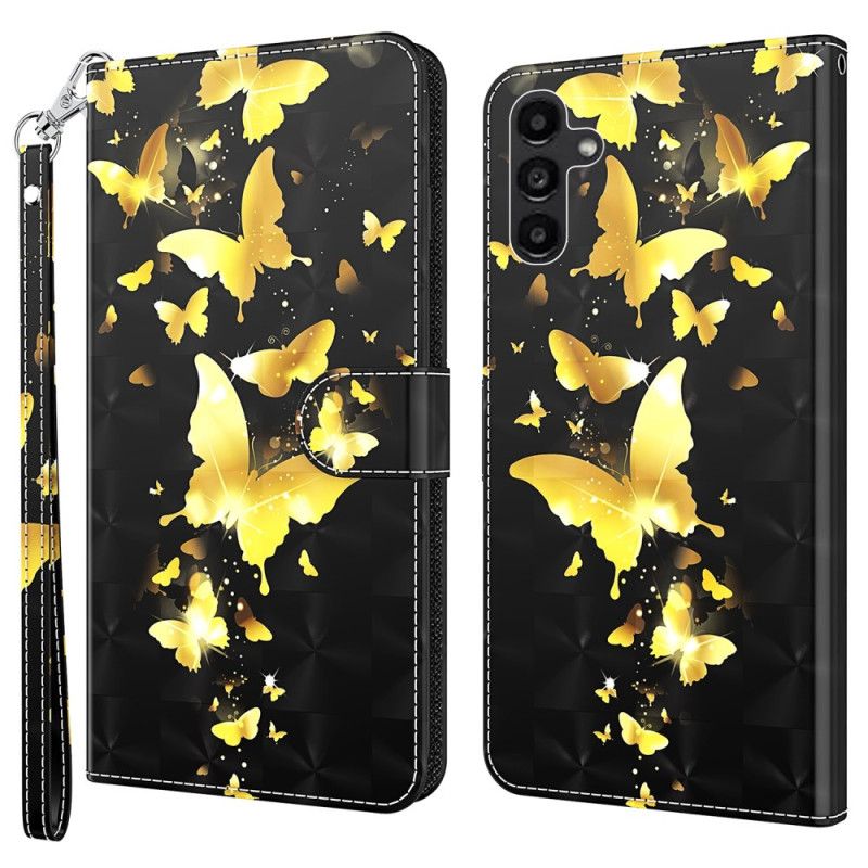Peněženková Pouzdra Samsung Galaxy A55 5g Kryty Na Mobil Zlatí Motýli V Letu S Popruhem