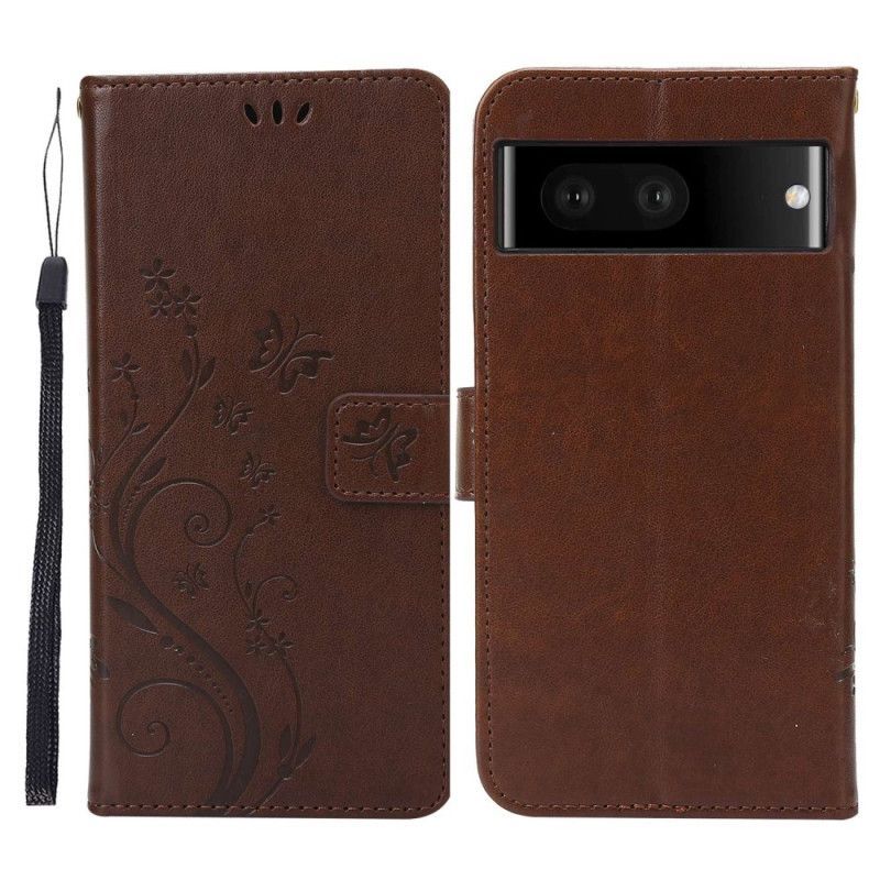 Flipové Pouzdro Na Google Pixel 7 Na Lana Květiny A Motýli S Popruhem