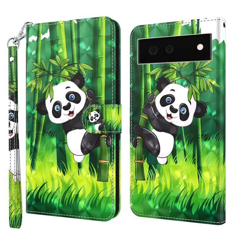 Flipové Pouzdro Na Google Pixel 7 Na Lana Panda A Bambus Se Šňůrkou