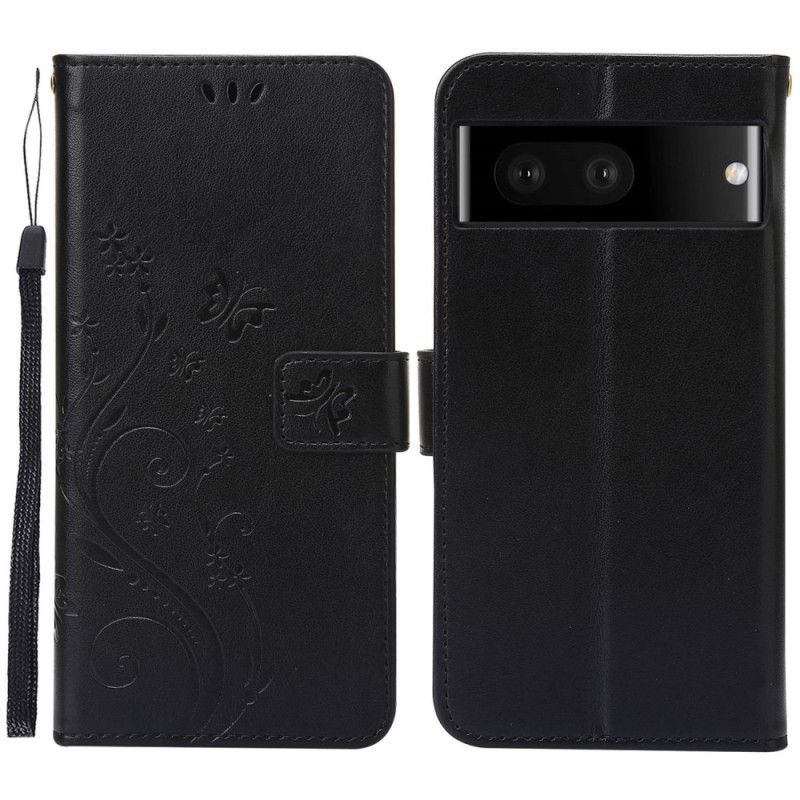 Flipové Pouzdro Na Google Pixel 7 Na Lana Popruh Pro Květiny A Motýly